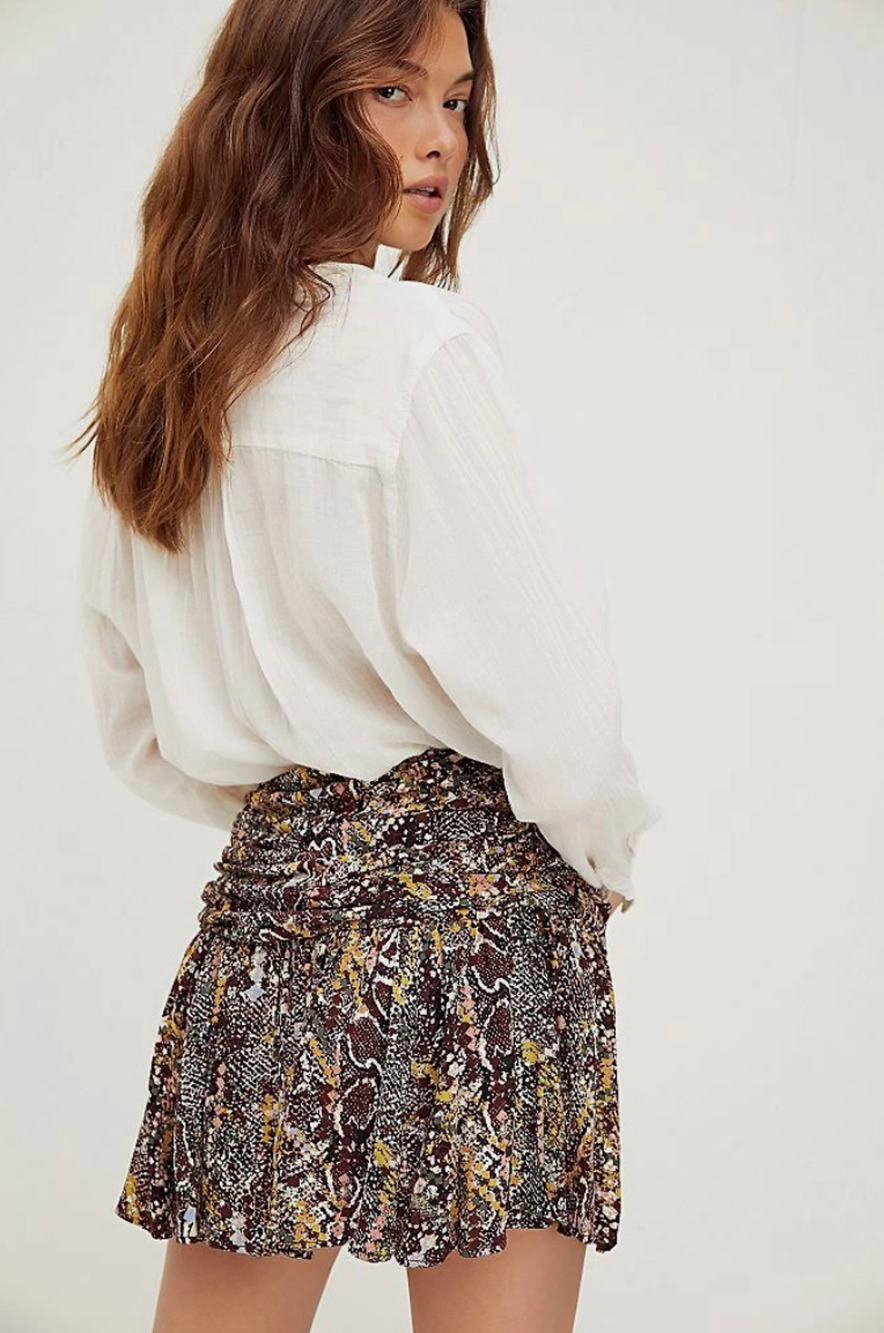 Free People Saturday Sun Ruched Mini Skirt Brown Multi Size 2